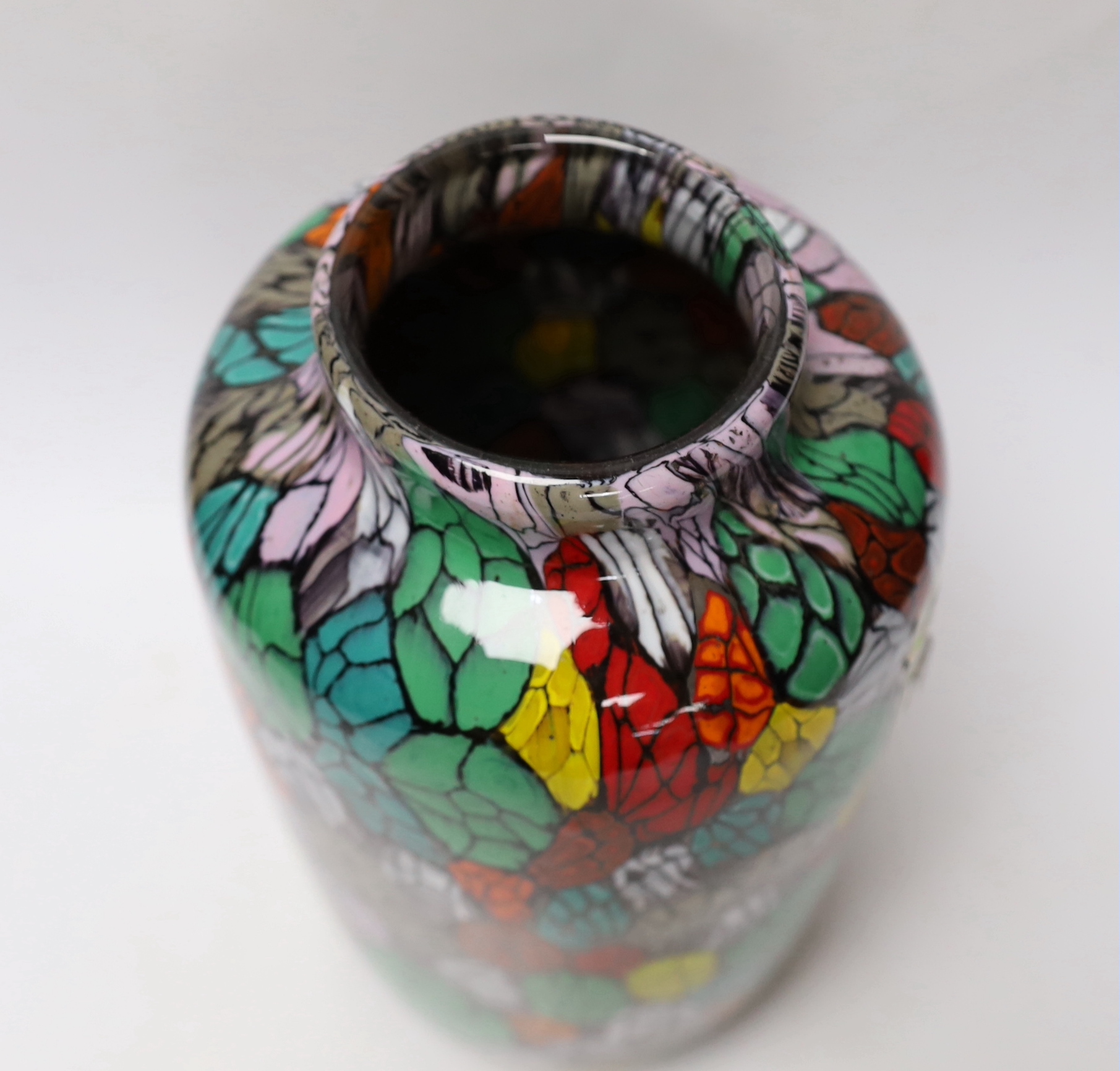 Vittorio Ferro (1932-2012) A Murano glass Murrine vase, with a multicoloured leaf design, signed, 27cm, Please note this lot attracts an additional import tax of 20% on the hammer price